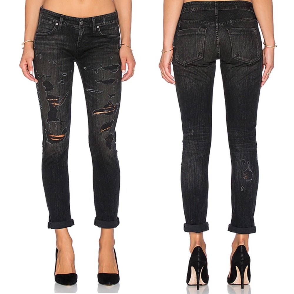 Agolde Black Distressed Low Rise Slim Jeans